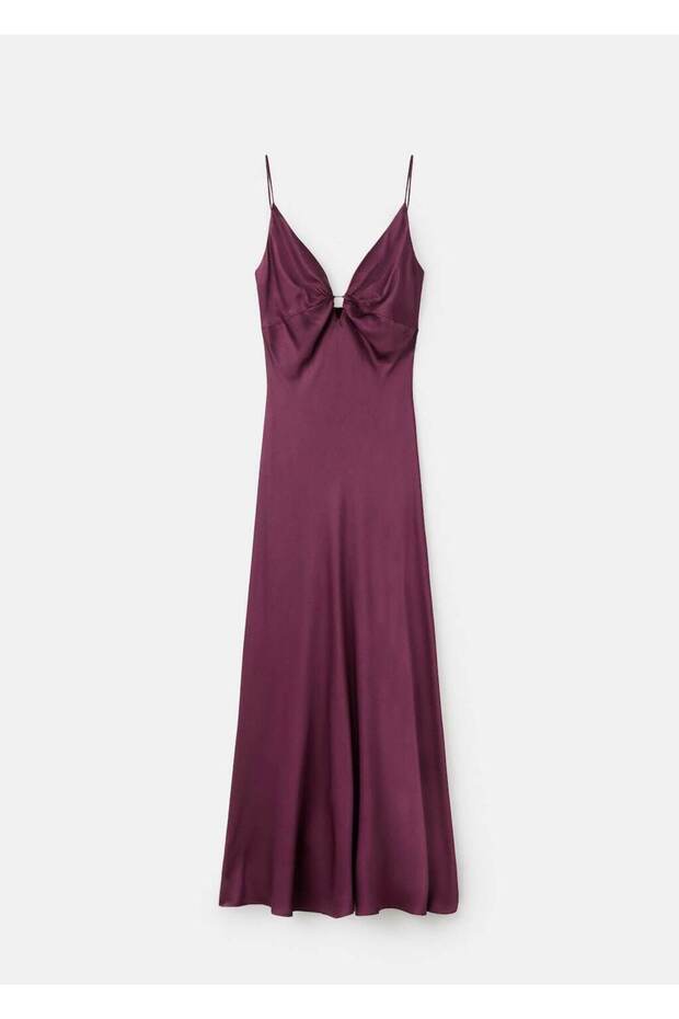 V yakalı saten elbise - 3