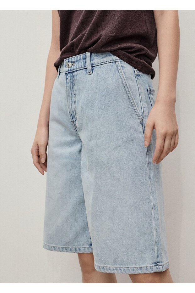 Düz denim Bermuda şort - 1