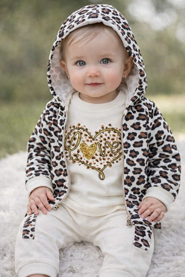 Leopard Patterned Hooded Zippered Cardigan 3-Piece Baby Girl Set