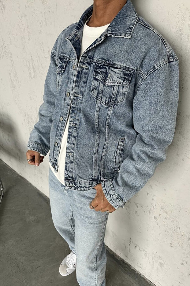 جاكيت جينز رجالي أزرق عادي بجيوب وأزرار - 3