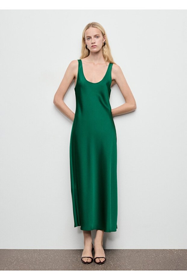 Dekolte yaka saten elbise - 2