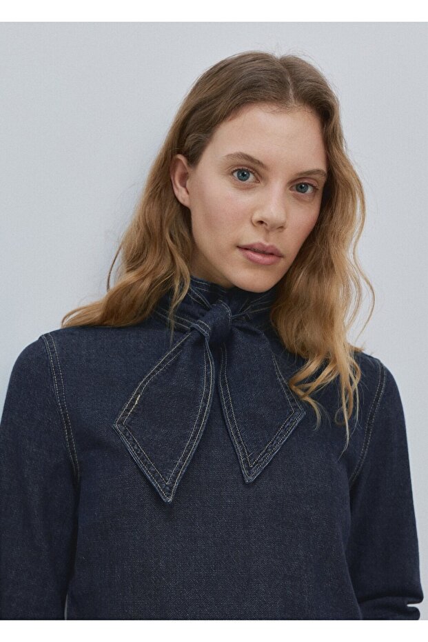 Bağ detaylı denim gömlek - 6