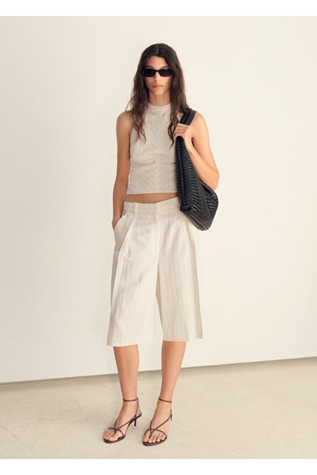 Çizgili keten karışımı bermuda şort - 2