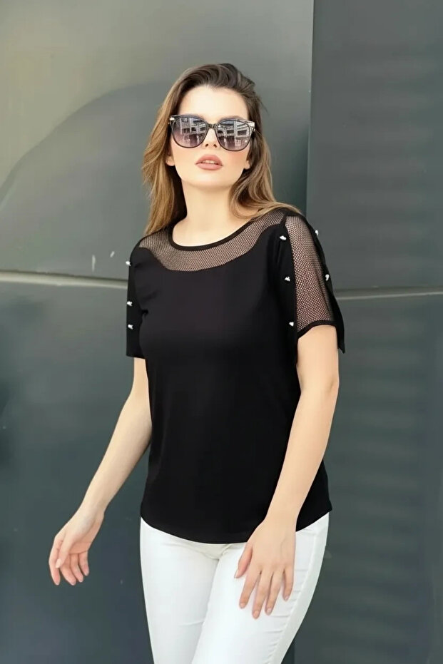 بلوزة شبكية على الكتف مع تفاصيل أزرار - 5