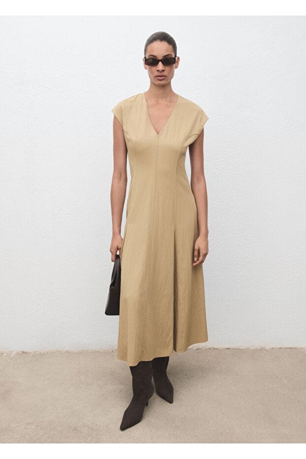 V yaka dikiş detaylı elbise - 2