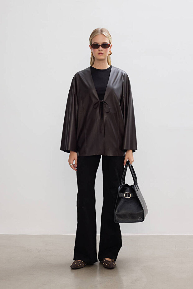 ACI KAHVE DERİ KİMONO - 6