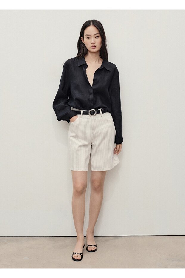 Çizgili denim bermuda şort - 2