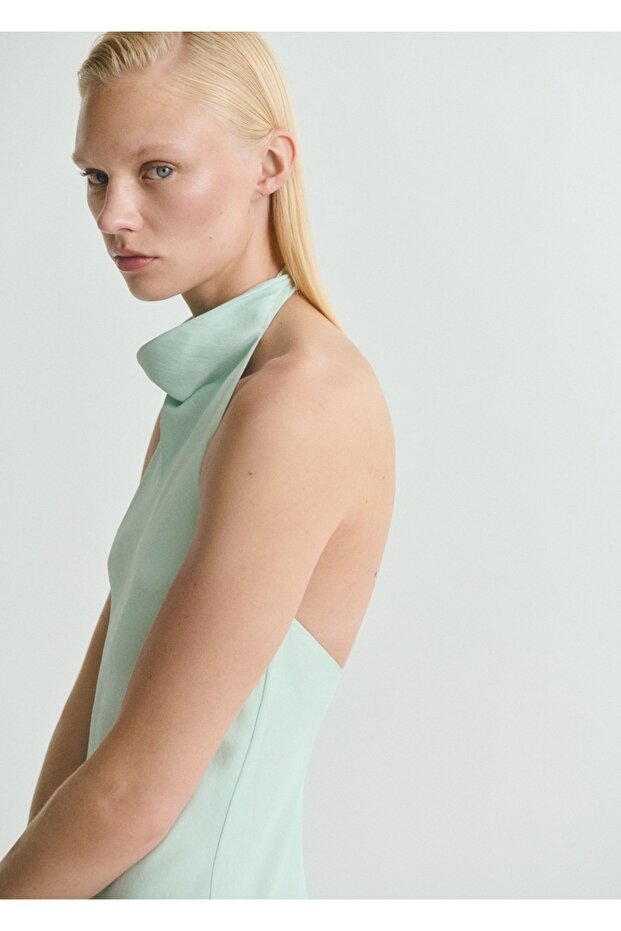 Halter yaka saten elbise - 7