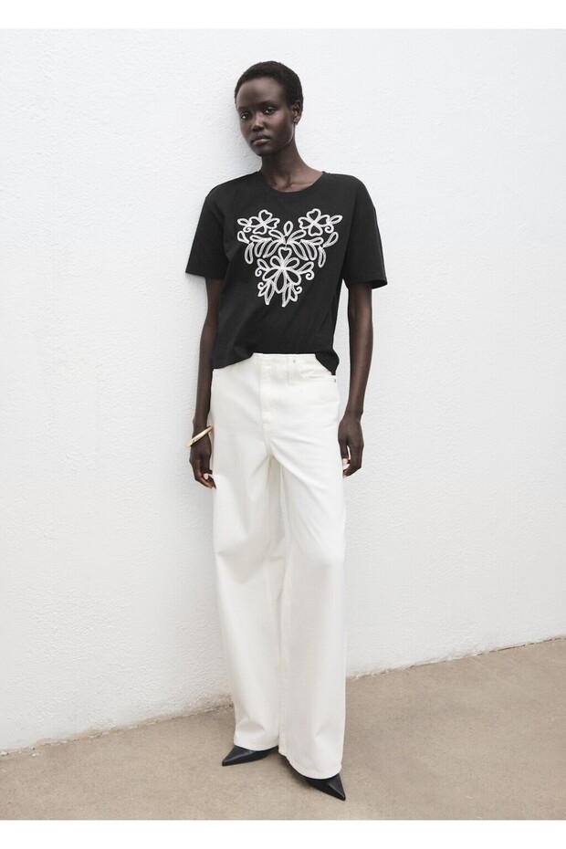 Çiçek işlemeli pamuk tişört - 2