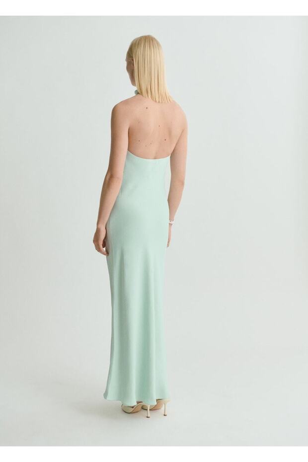 Halter yaka saten elbise - 4