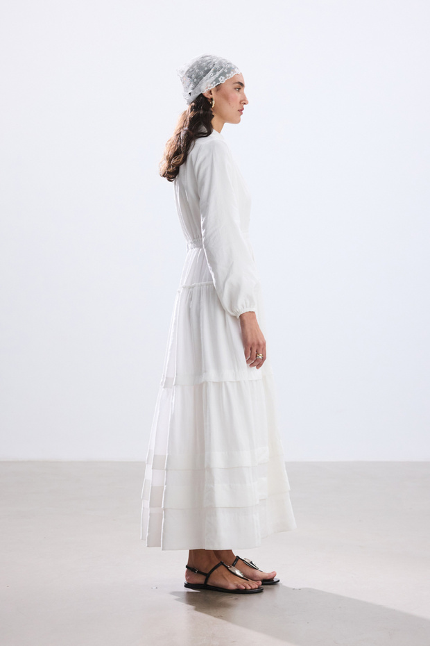 EKRU NERVÜRLÜ MODAL ELBİSE - 6