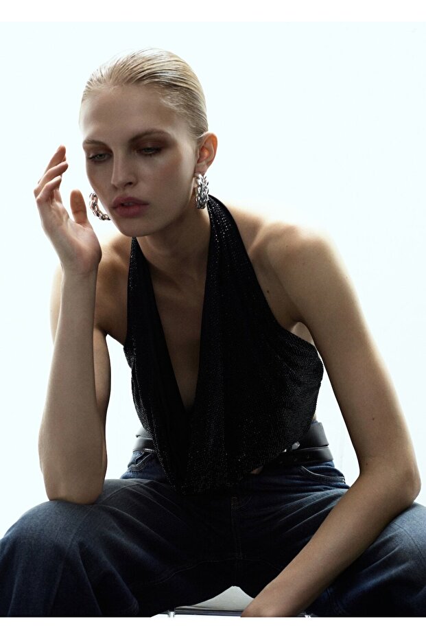 Kristal detaylı drape yaka bluz - 1