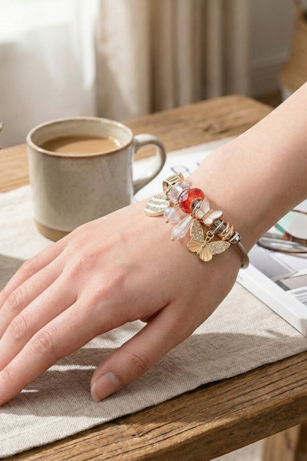 Women's Gold Red Butterfly Charm Bracelet - Elegant Design with Stone Detail and Heart and Butterfly Figures