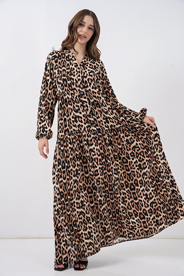 2423 Model Authentic Patterned Brown Dress - 4