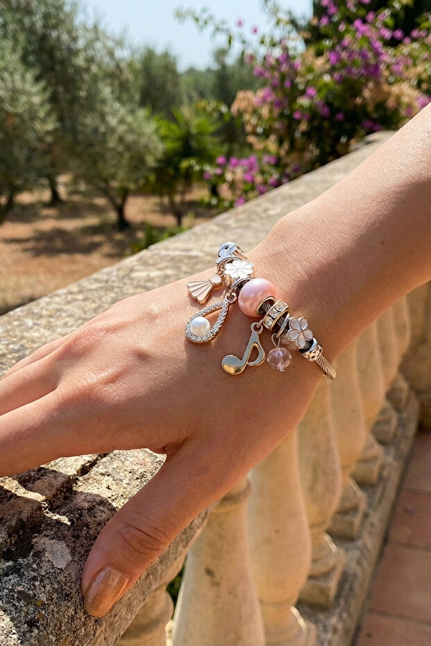 Women's Pink Pearl Left Hand Key Charm and Beaded Steel Bracelet - Multi-Shaped, Elegant Design
