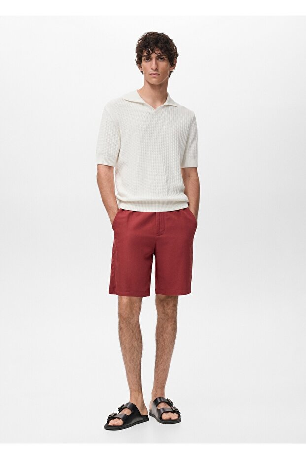 Keten karışımlı elastik belli bermuda şort - 2