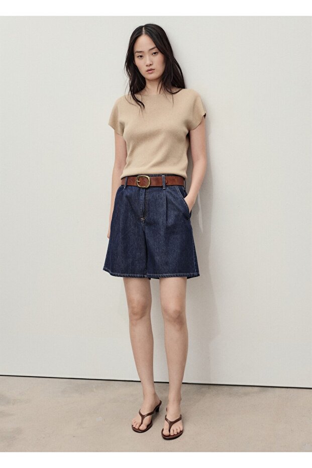 Orta bel pileli denim bermuda şort - 2