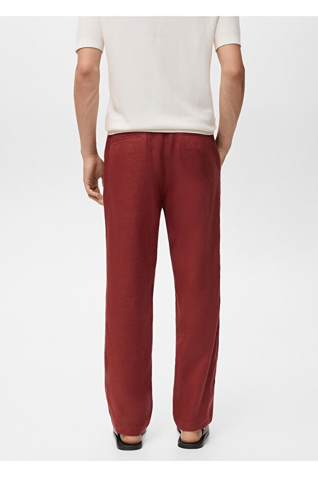 Elastik bel bantlı %100 keten pantolon - 4