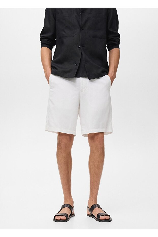 Keten karışımlı elastik belli bermuda şort - 1