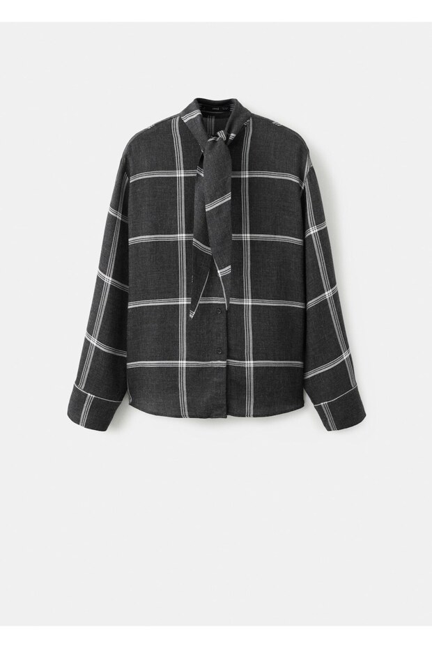 Fular yakalı kareli bluz - 3