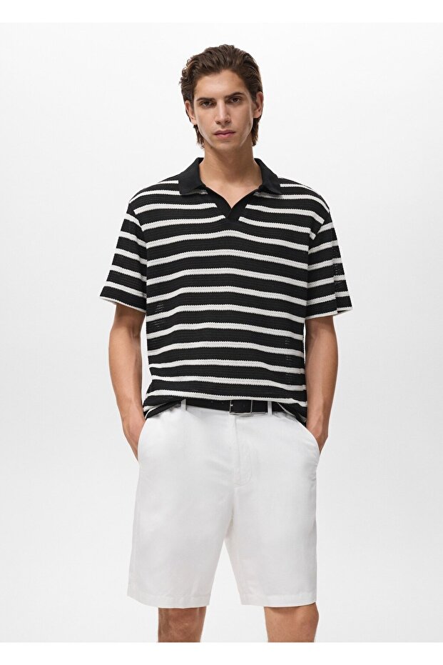 Triko çizgili polo gömlek - 1