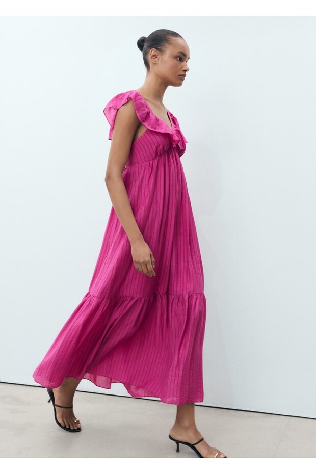 Fırfırlı yaka uzun elbise - 7