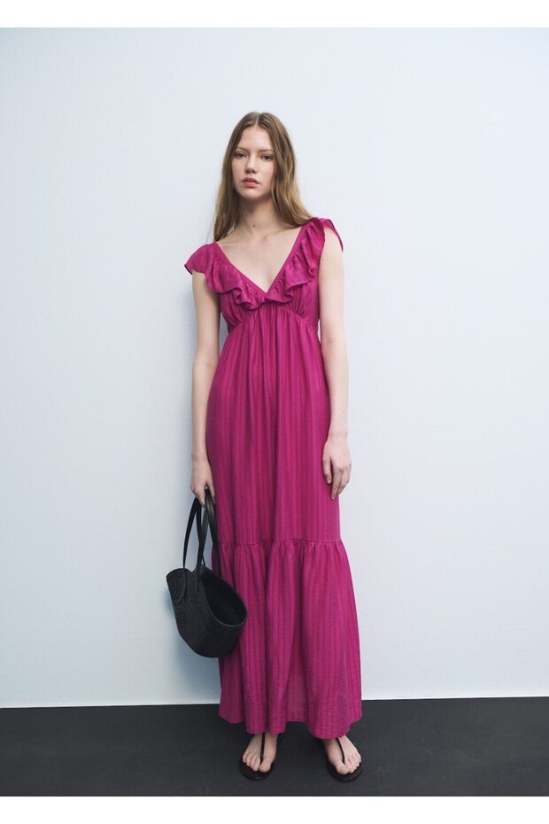 Fırfırlı yaka uzun elbise - 8