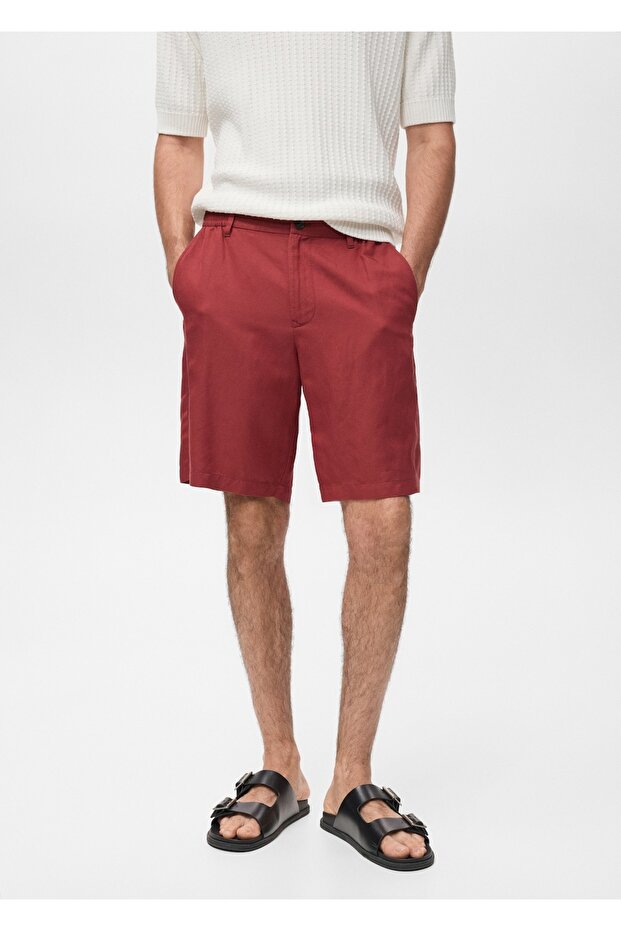 Keten karışımlı elastik belli bermuda şort - 1