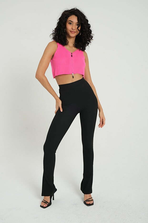 Collar Detailed Zippered Ribbed Knitted Crop Top
