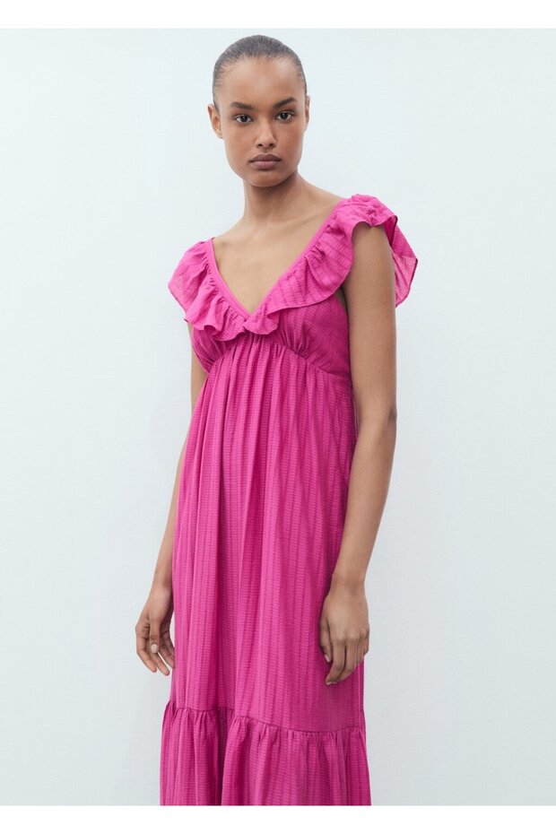 Fırfırlı yaka uzun elbise - 1