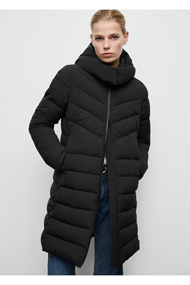 Kapüşonlu midi kapitone anorak - 1