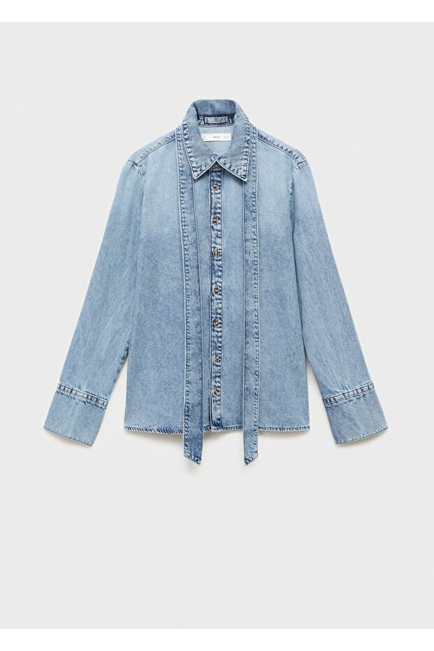 Bağ detaylı denim gömlek - 3
