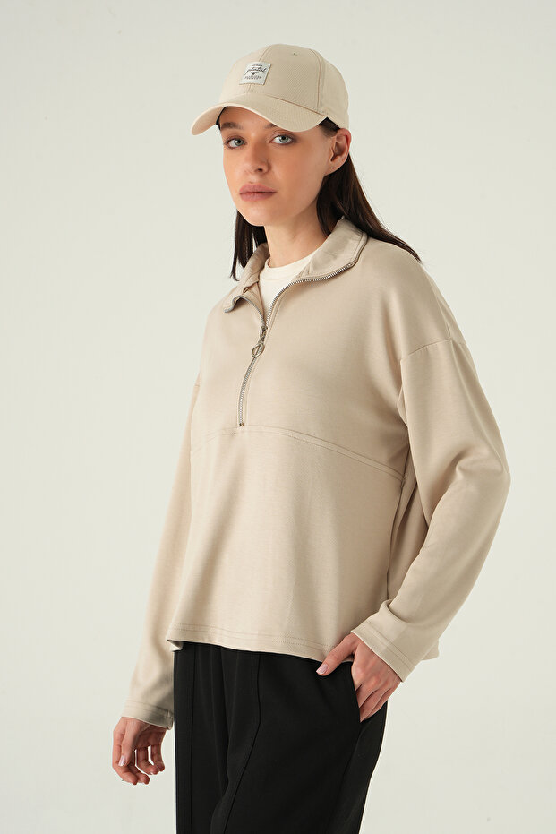 8249A سويت شيرت بسحاب نصفي بيج - 2