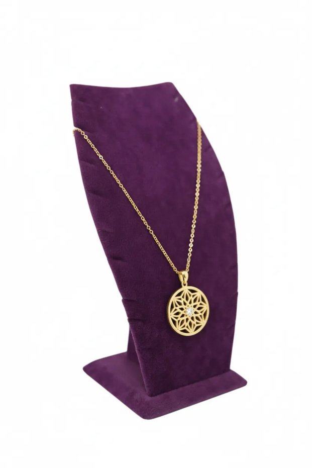 Domestic Production Dubai Model Suede Fabric Purple Color 18/9 Cm Necklace - Chain Footed Stand