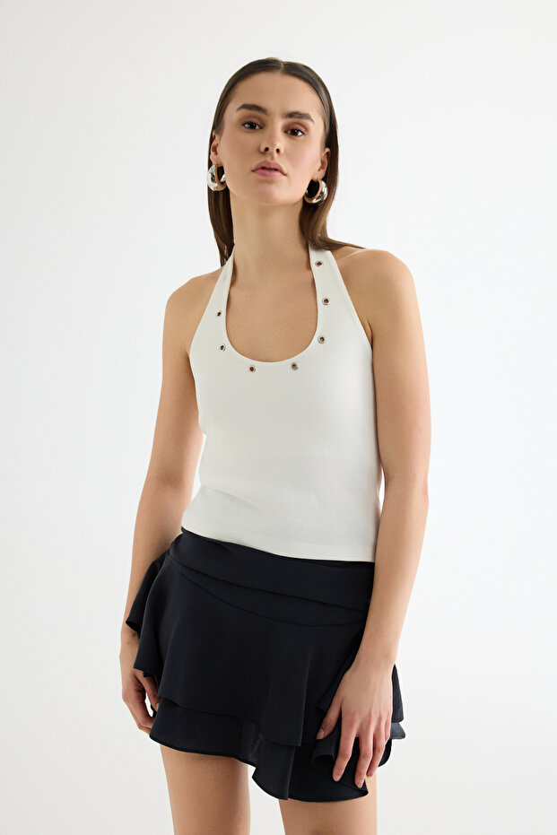 Bird's Eye Detailed Halter Neck Tank Top Ecru