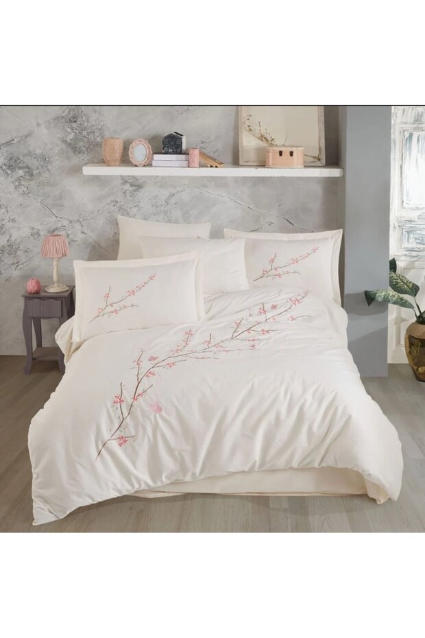 Double Poplin Premium Embroidered Duvet Cover Vera Cream