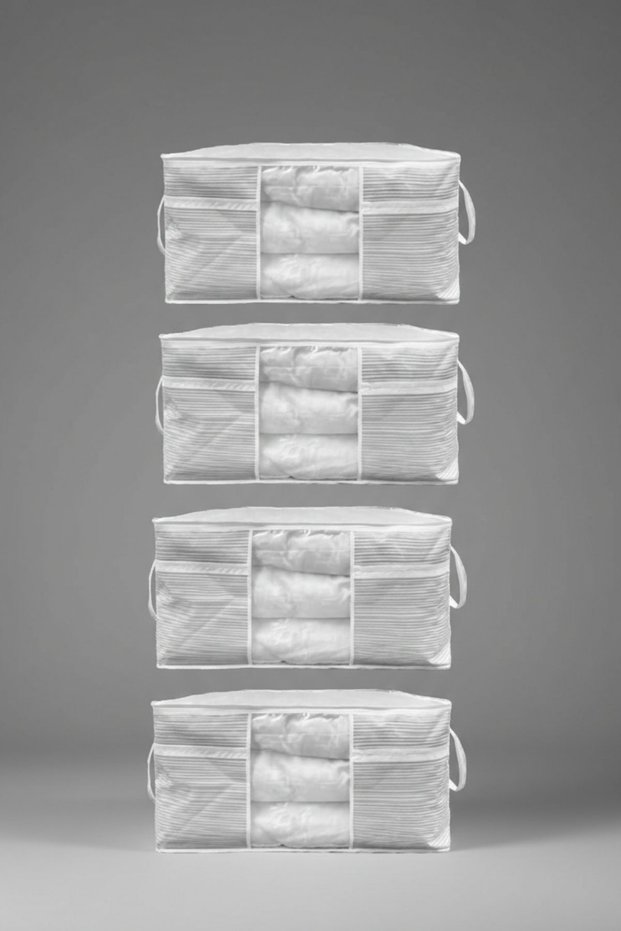 4 Pieces - Chest Type Storage Bag Maxi - Pillows & Quilts Etc. Hurcu 75x40x40 - Stain Resistant Striped Model - Gray