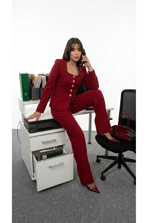 Jane Button Tailored Suit Bordo - 1