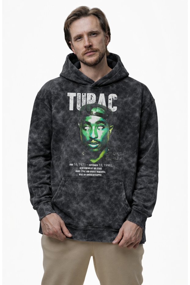 Oversize Tupac Shakur Printed Hooded Washable Sweatshirt, Unisex Rapper Themed Distressed Hoodie