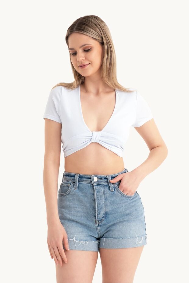 Deep V Neck Tie Front Short Sleeve Crop Top