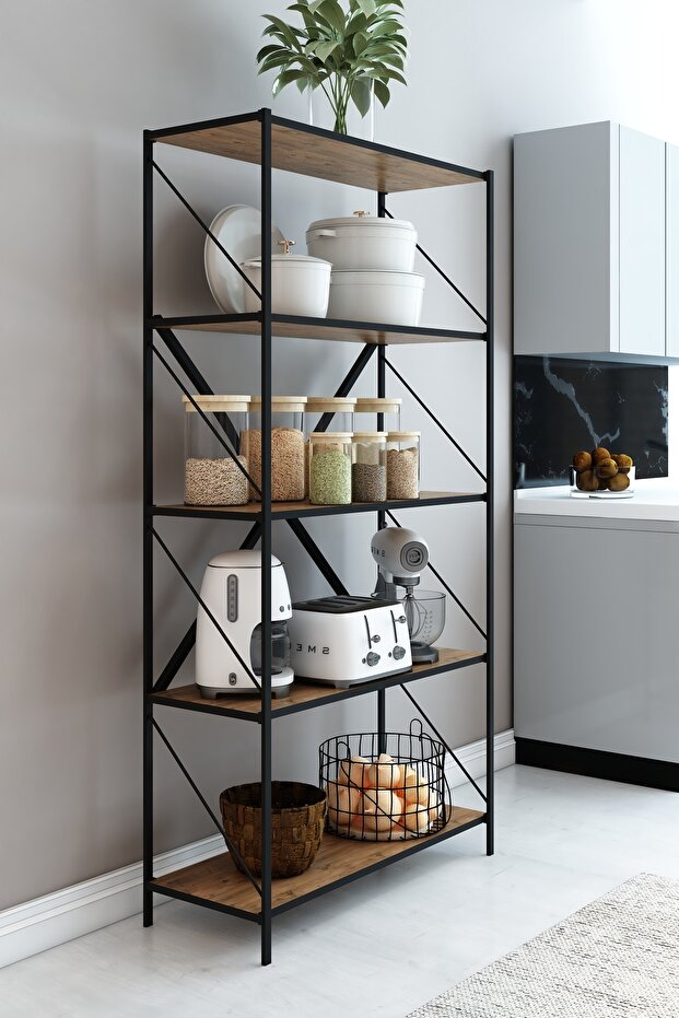 Mgr Office STONE 5 Raflı Metal Mutfak Düzenleyici Raf Metal 5 Raflı Kitaplık Mutfak Rafı Baharatlık Kahverengi