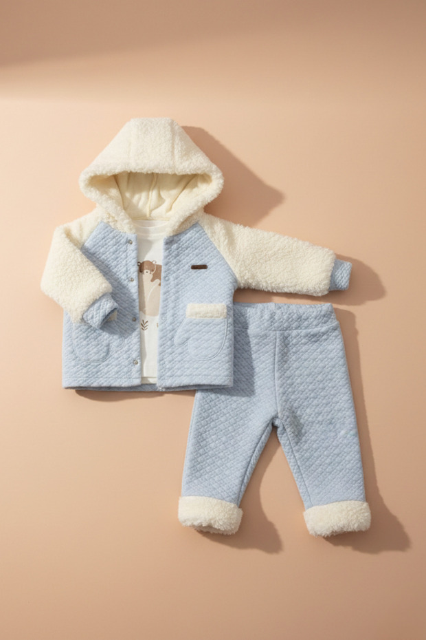 Seasonal Quilted Coat with Plush Hand Pocket Detail, 3 Piece Set
