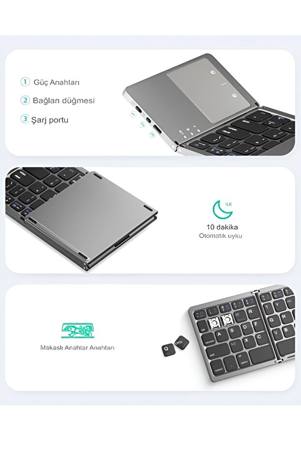 Type-c Şarjlı, Touchpad Katlanabilir Bluetooth Klavye Ios/android/windows | Titanyum - 4