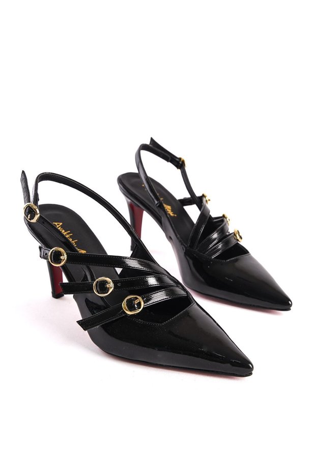 Three-Buckle Black Patent Leather Short Heeled Women's Stiletto Royal