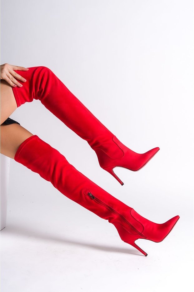 Red Suede Stretch Design Women's Boots High Heeled Shoes Anjelika