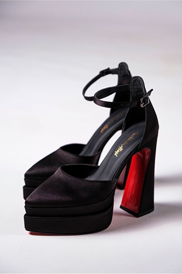 Black Satin Special Design Women's Thin Heeled Shoes Regina
