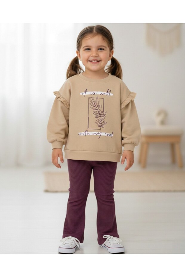 Seasonal 2-3-4-5-6 Years Old Girl's Leaf Printed, Shoulder Ruffles, Spanish Leggings Set