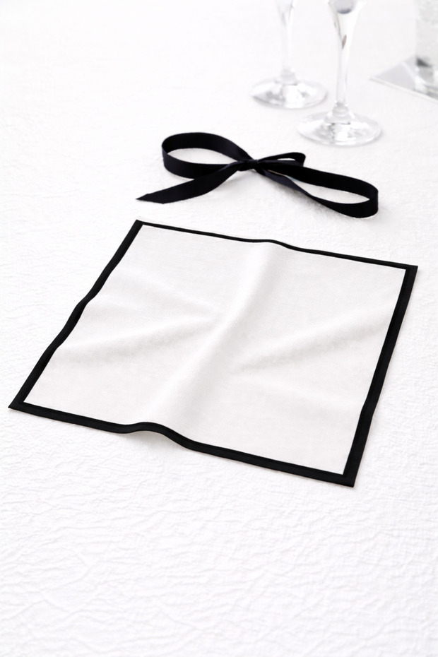 Shine Series White 100% Linen Fabric Napkin with Black Trim, 2-Piece