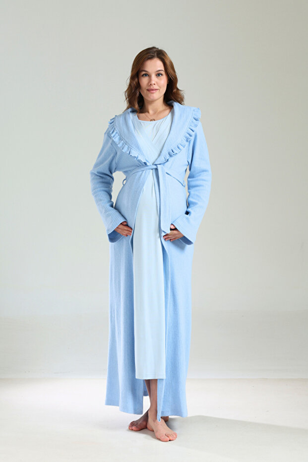 Blue Winter Wellsoft Maternity Nightgown Set with Dressing Gown