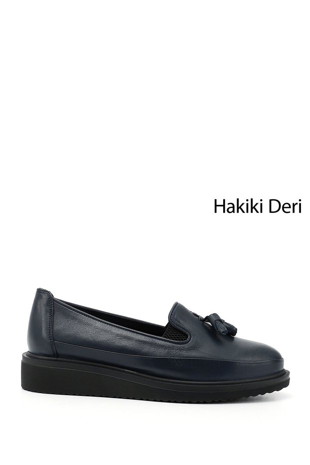 Women's Navy Blue Antique Wedge Sole Tasseled Genuine Leather Shoes